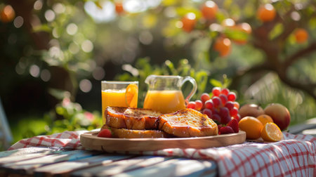 French toasts on a picnic table, accompanied by fresh orange juice, fruits, and a scenic outdoor background.の素材