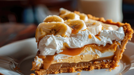 A close-up of a slice of Banoffee Pie, showing layers of bananas, caramel, and whipped cream on a graham cracker crust.の素材