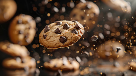 A mouthwatering sight of chocolate chip cookies gracefully falling in a motion blur, creating a dynamic and appetizing composition.の素材