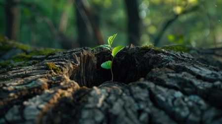 A sapling emerging from the hollow of a dead tree trunk, symbolizing new life and renewal in nature.の素材