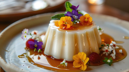 A beautifully plated panna cotta with a caramel sauce drizzle and a few edible flowers.の素材