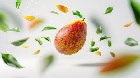 Ripe mango levitating with verdant leaves on a white background, portraying the enchanting beauty and deliciousness of tropical fruitの素材