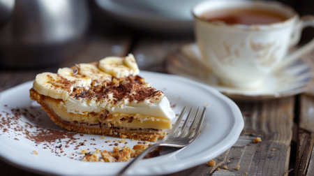 A slice of Banoffee Pie on a white plate, with a fork beside it and a cup of tea in the background.の素材