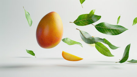 Ripe mango levitating with verdant leaves on a white background, portraying the enchanting beauty and deliciousness of tropical fruitの素材
