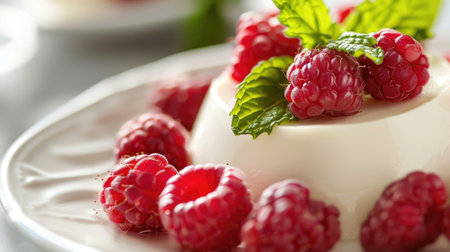 A close-up of creamy panna cotta topped with fresh raspberries and a mint leaf on a white plate.の素材
