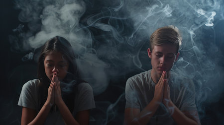 Teen faith: A scene of teenagers praying, smoke drifting around them, set on a gray-black background with room for textの素材