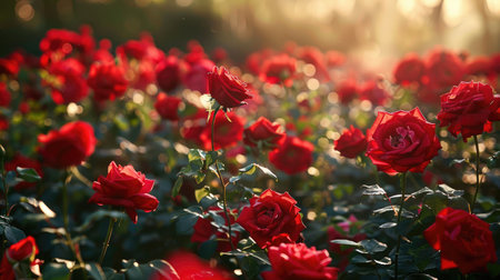 Rose garden: A multitude of red roses in full bloom with a softly blurred backdrop, capturing the essence of a romantic floral settingの素材