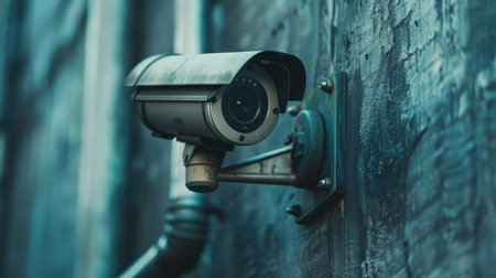Close-up of a modern CCTV camera mounted on a wall, showcasing advanced home security technology and surveillance systemsの素材