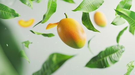 Juicy mango suspended in mid-air with vibrant green leaves, casting a serene and refreshing image against a white backdropの素材