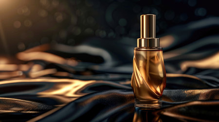 Opulent cosmetic product presentation with a golden translucent bottle and satin elements, radiating luxury on a dark backgroundの素材