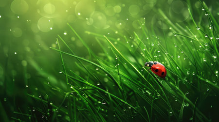 Bright green grass covered in morning dew, with a single ladybug moving through the lush foliage, creating a picturesque nature sceneの素材