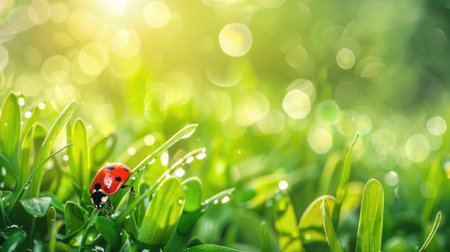 Morning dew sparkling on bright green grass, with a lone ladybug crawling among the leaves, embodying a tranquil natural sceneの素材