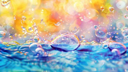 Inviting summer scene with a tranquil blue water surface embellished by playful splashing ripples and shimmering soap bubbles.の素材