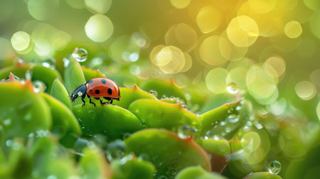 Fresh dew on bright green grass, highlighting a lone ladybug exploring the succulent leaves, capturing a peaceful morning momentの素材