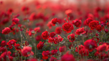 Romantic abundance: A sea of red roses with soft, blurred background, creating a lush and vibrant display of romantic flowersの素材