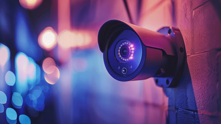 Close-up of a modern CCTV camera mounted on a wall, showcasing advanced home security technology and surveillance systemsの素材
