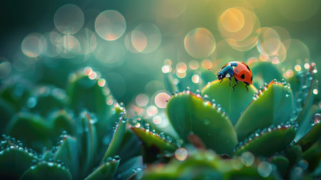 Fresh dew on bright green grass, highlighting a lone ladybug exploring the succulent leaves, capturing a peaceful morning momentの素材
