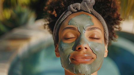 Portrait of a beautiful lady enjoying a revitalizing healing clay mask, radiating confidence and inner peaceの素材