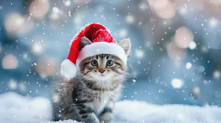 Cheerful kitten wearing a Santa Claus hat sits amid snowy winter wonderland, spreading holiday cheer with wishes for Merry Christmas and Happy New Yearの素材