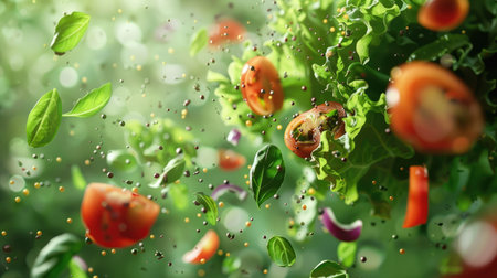Colorful salad veggies suspended mid-air against a lush green background, celebrating the abundance of nature's bountyの素材