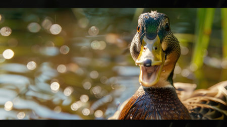 Duck delight: A duck with a beaming smile, feathers ruffled and eyes twinkling, enjoying a bright day by the pondの素材