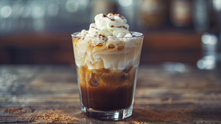 A refreshing glass of iced coffee topped with whipped cream, perfect for a popular summertime drinkの素材
