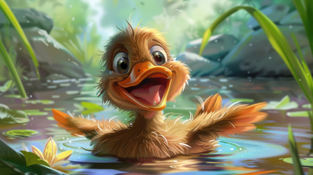 Duck delight: A duck with a beaming smile, feathers ruffled and eyes twinkling, enjoying a bright day by the pondの素材