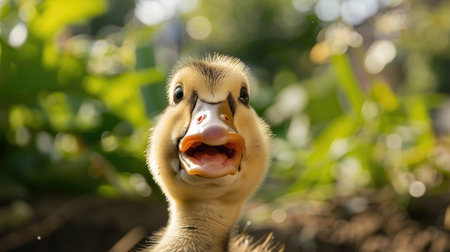 Happy duck: A close-up of a duck with a cheerful expression, appearing to smile, set against a natural outdoor backdropの素材