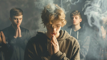 Teen faith: A scene of teenagers praying, smoke drifting around them, set on a gray-black background with room for textの素材