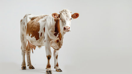 Serene white-brown cow standing alone against a white background, embodying the peaceful essence of pastoral landscapesの素材