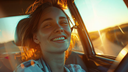 Young woman with a joyful expression, sitting in the backseat of a car during a road trip, savoring the moment and the adventure of traveling on the roadの素材