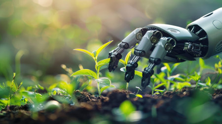 Artificial intelligence and technology ecology concept: Robot hand nurturing small plants, showcasing innovation in green technology and environmental sustainabilityの素材