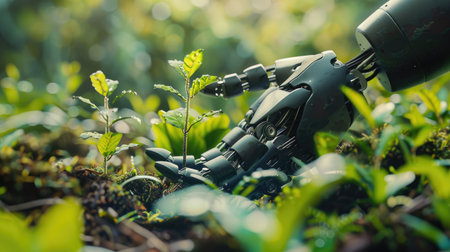 Environmental technology: Robot hand caring for tiny plants, highlighting the role of AI in advancing green initiatives and sustainable practicesの素材
