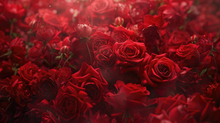 Passionate petals: Countless red roses with a gently blurred background, emphasizing their deep, passionate hue and velvety textureの素材