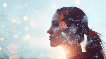 Double exposure of a business woman overlaid with futuristic internet communication visuals, representing innovation and connectivity in modern businessの素材