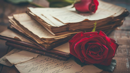 Timeless love: A novel, roses, and vintage love letters artfully arranged, reflecting on romance from the pastの素材
