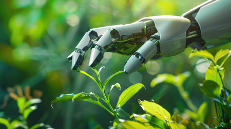 Artificial intelligence and technology ecology concept: Robot hand nurturing small plants, showcasing innovation in green technology and environmental sustainabilityの素材