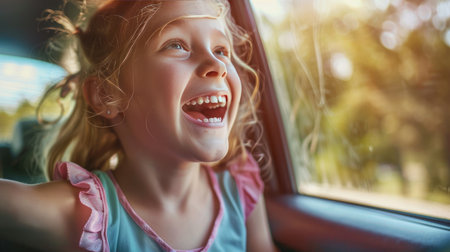 Young fun girl happily seated in the back of a car, excitedly looking out the window during a road trip journey, embodying the thrill of travel and discoveryの素材