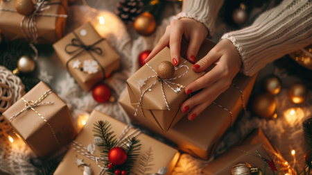 Close-up of woman's hands decorating Christmas gift boxes with personalized touches, amidst unprepared presents and festive decor elements, emphasizing the creative joy of holiday packingの素材