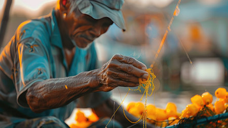 Fisherman carefully baiting a hook, with a close-up view of the process, highlighting the meticulous preparation in fishing activitiesの素材