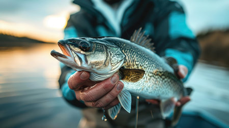 Fisherman holding a freshly caught fish, showing the excitement and success of a fishing trip, with a close-up view of the catchの素材