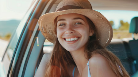 Cheerful young woman sitting on the back seat of a car, enjoying a road trip adventure with a big smile, capturing the joy of traveling and explorationの素材