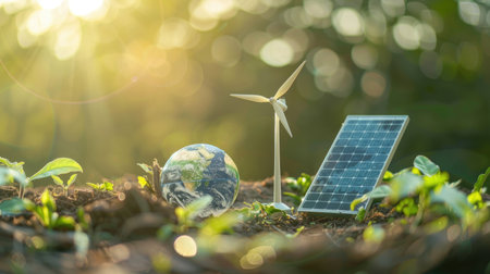 Clean energy concept for World Environment Day: Earth globe, solar panels, and windmill against a natural backdrop, symbolizing sustainable development and renewable resourcesの素材