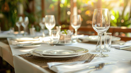 Elegant dining table setting with empty plates and cutlery, ready for menu textの素材