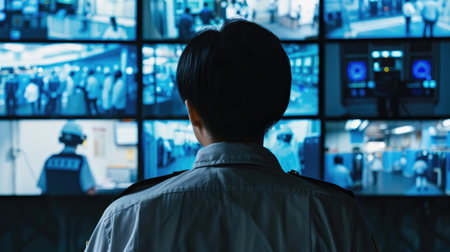 Closeup of a security guard attentively monitoring multiple screens showing live 5G-enabled surveillance footage, ensuring manufacturing safety and securityの素材