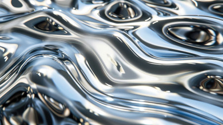 3D illustration of silver chrome background with mesmerizing patterns of shiny metal waves, ideal for cutting-edge visuals.の素材