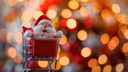 Cute Santa Claus on a red shopping cart surrounded by festive bokeh lights, symbolizing the joyful rush of Christmas holiday shopping and New Year preparationsの素材