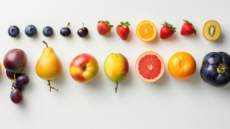 Fresh fruit arrangement on a clean white backgroundの素材