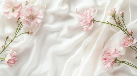 Wedding elegance: Delicate pink flowers on a white satin sheet with a blank wedding invitation mockup, highlighting minimalistic beautyの素材