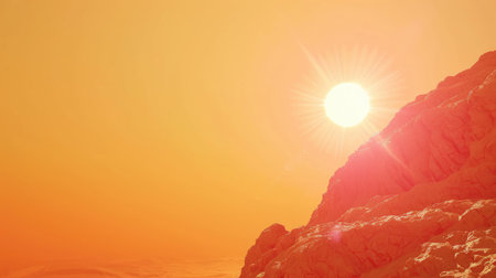 Scenic view of a bright orange sun with lens flare against a clear sky, ideal for conveying the essence of hot summer days.の素材